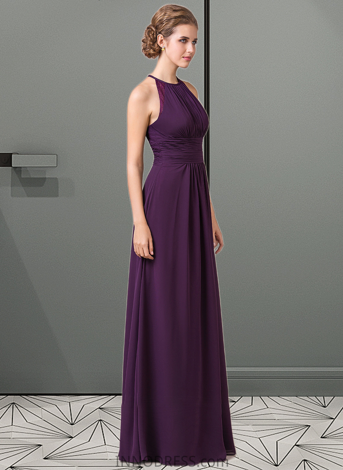 Athena Chiffon Halter-neck Floor-length Bridesmaid Dress With Lace DPP0013218