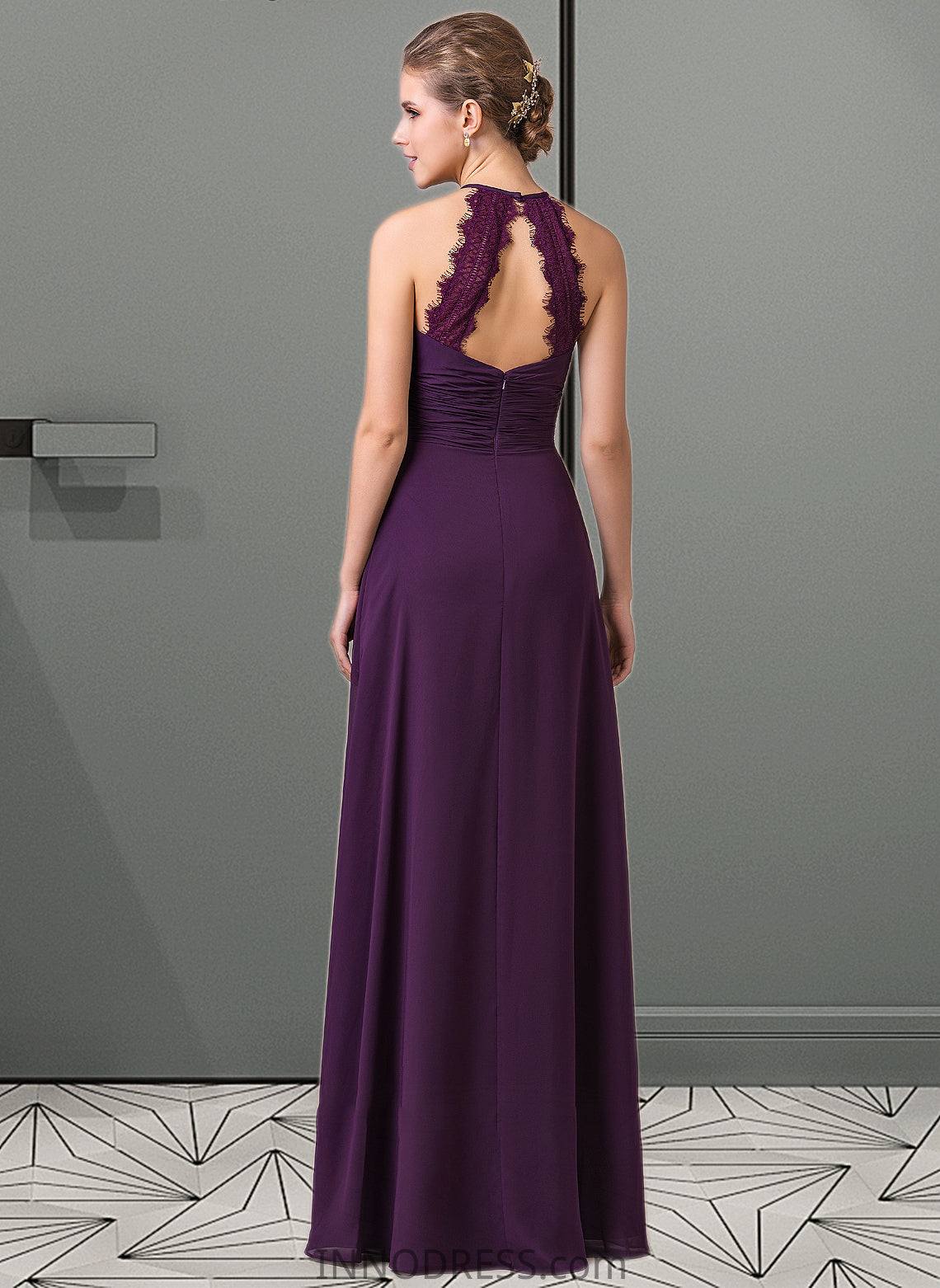 Athena Chiffon Halter-neck Floor-length Bridesmaid Dress With Lace DPP0013218