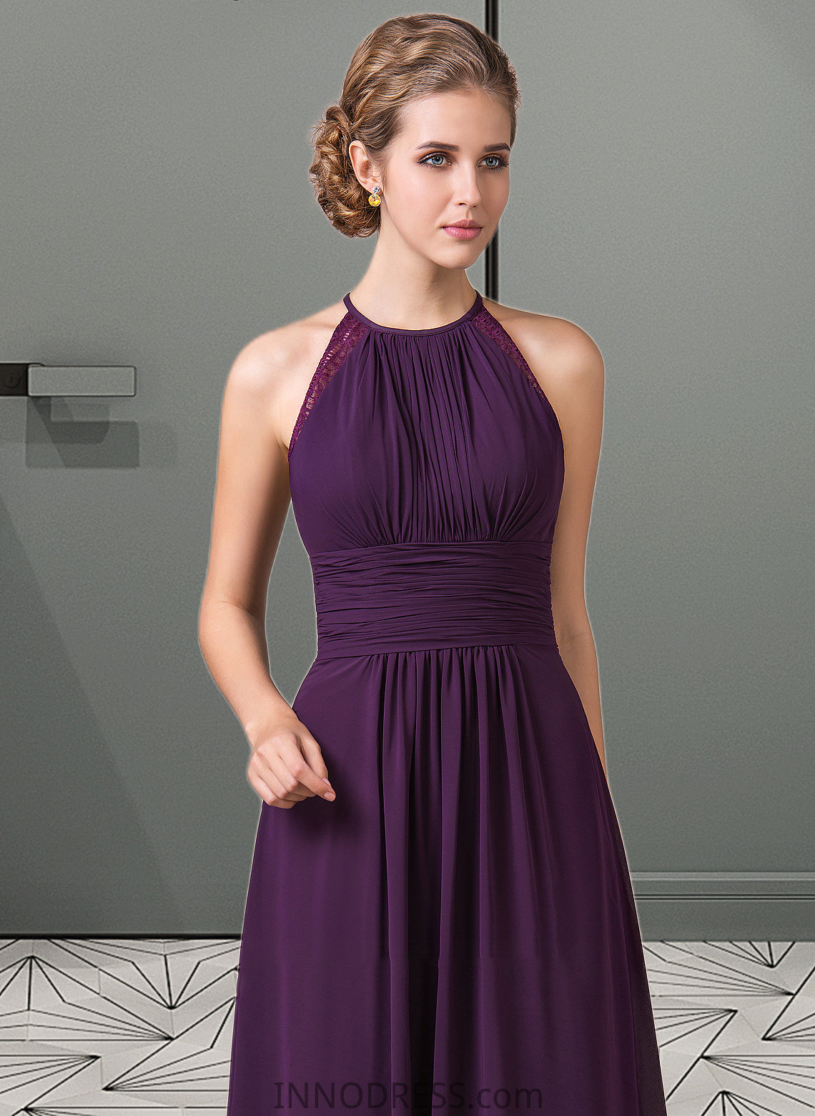 Athena Chiffon Halter-neck Floor-length Bridesmaid Dress With Lace DPP0013218