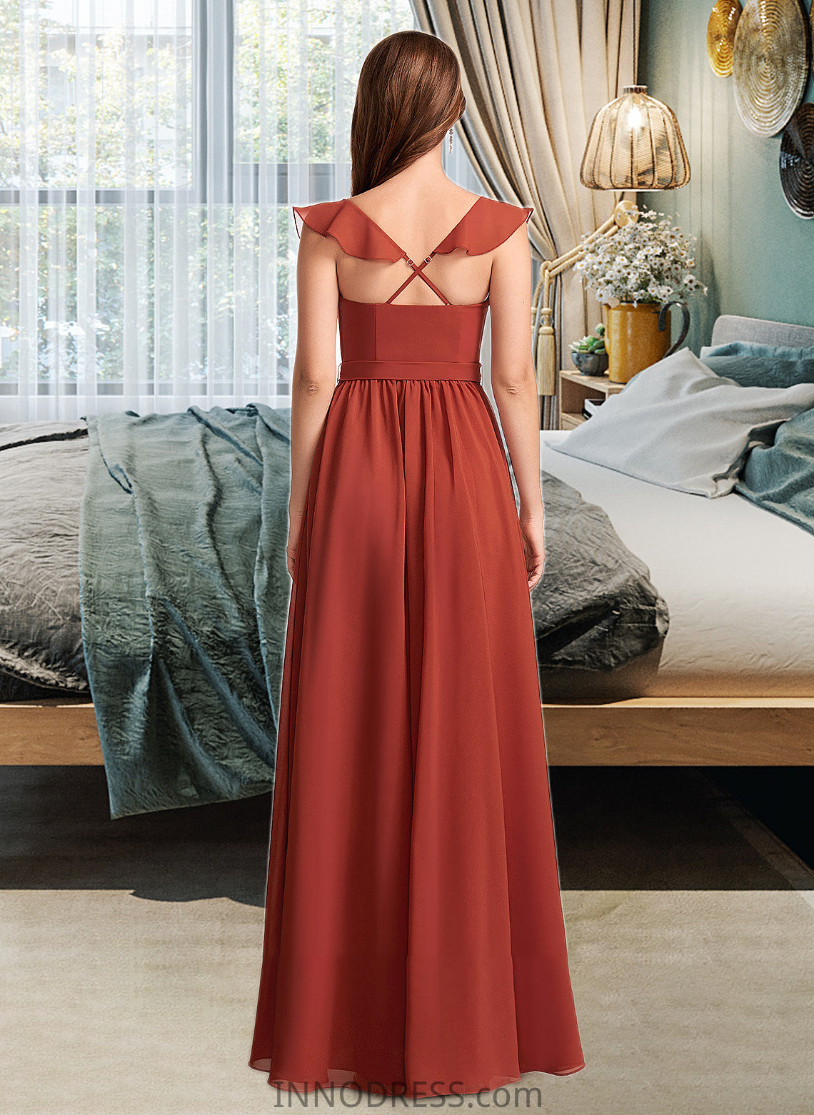 Gracie A-Line V-neck Floor-Length Bridesmaid Dress With Ruffle DPP0013221