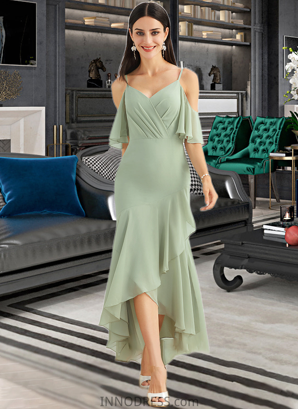 Selena Trumpet/Mermaid V-neck Asymmetrical Bridesmaid Dress With Ruffle DPP0013222