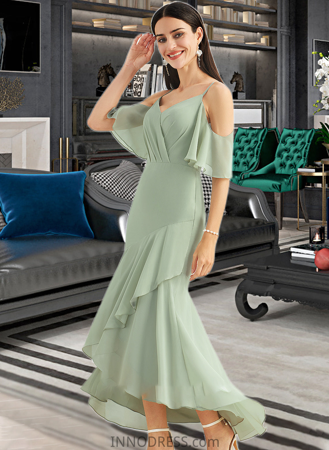 Selena Trumpet/Mermaid V-neck Asymmetrical Bridesmaid Dress With Ruffle DPP0013222