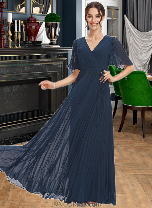 Claire A-Line V-neck Floor-Length Bridesmaid Dress With Ruffle DPP0013223