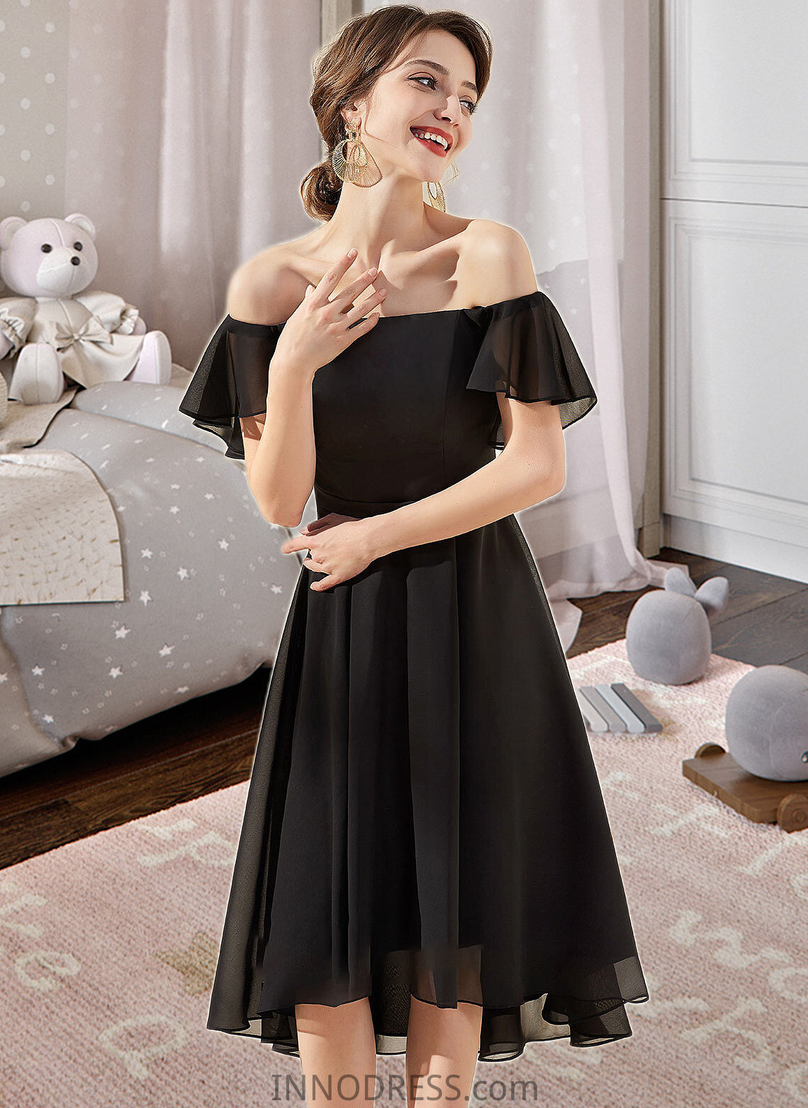 Esmeralda A-Line Off-the-Shoulder Asymmetrical Chiffon Bridesmaid Dress With Cascading Ruffles DPP0013224