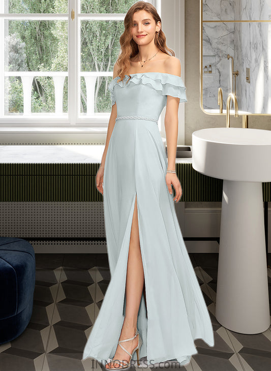 Noelle A-Line Off-the-Shoulder Floor-Length Chiffon Bridesmaid Dress With Beading Split Front Cascading Ruffles DPP0013226