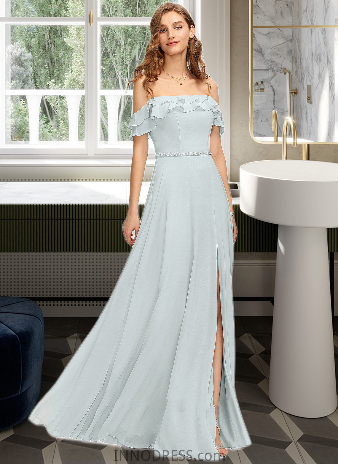 Noelle A-Line Off-the-Shoulder Floor-Length Chiffon Bridesmaid Dress With Beading Split Front Cascading Ruffles DPP0013226