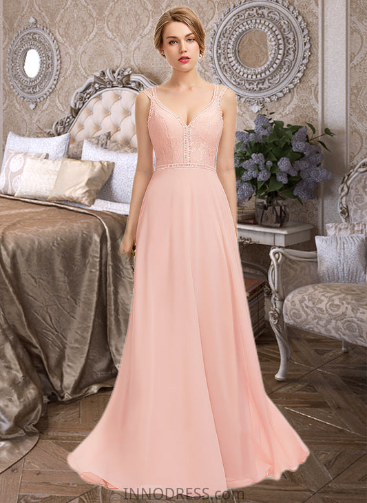 Hope A-Line V-neck Floor-Length Chiffon Lace Bridesmaid Dress DPP0013227