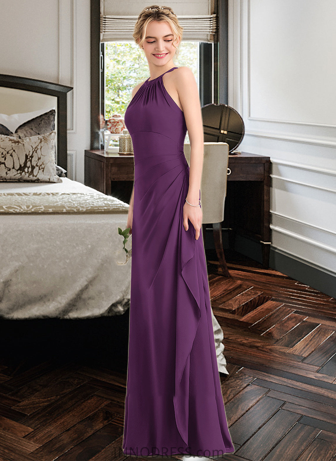 Adison A-Line Scoop Neck Floor-Length Chiffon Bridesmaid Dress With Cascading Ruffles DPP0013228