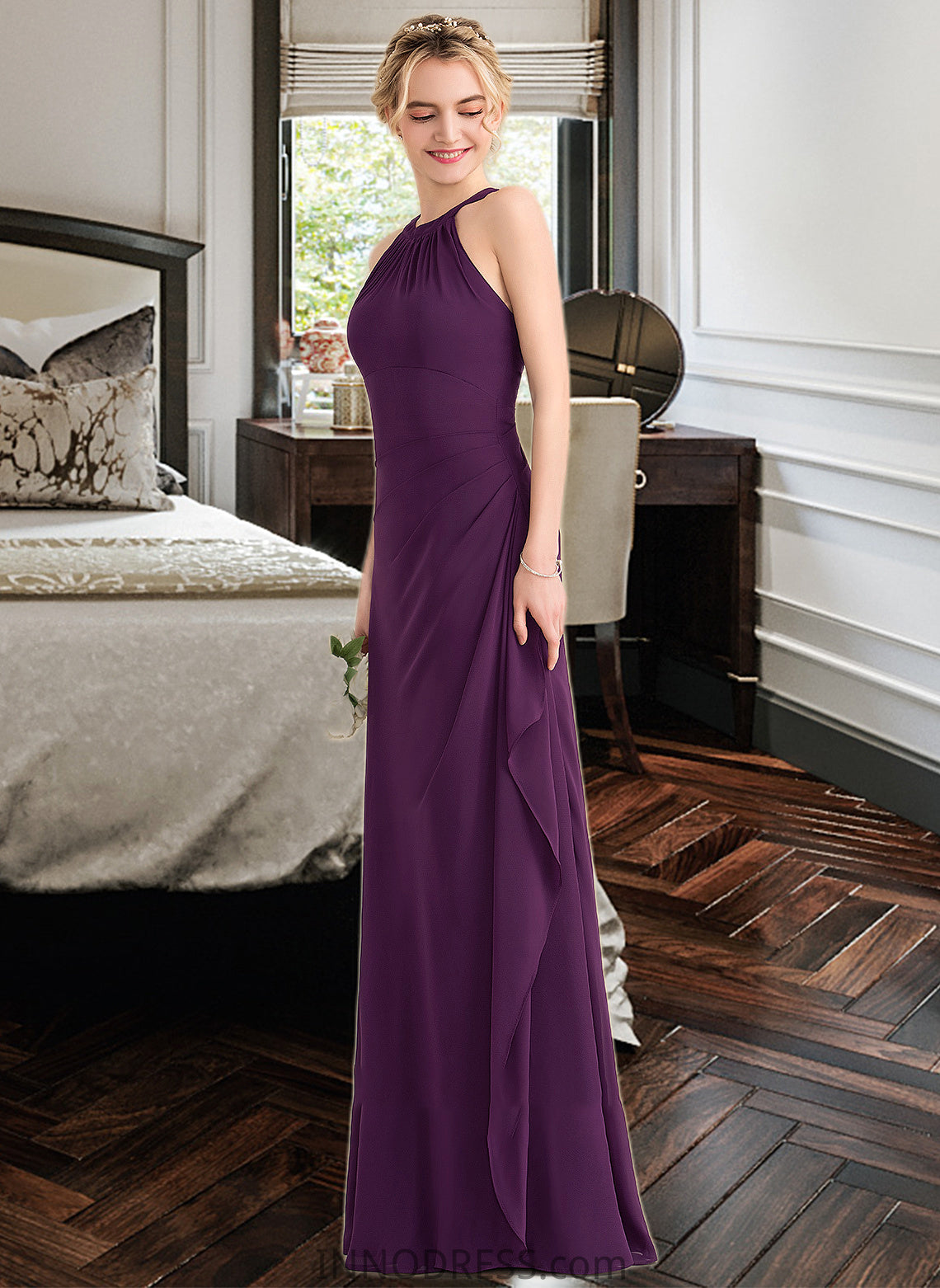 Adison A-Line Scoop Neck Floor-Length Chiffon Bridesmaid Dress With Cascading Ruffles DPP0013228