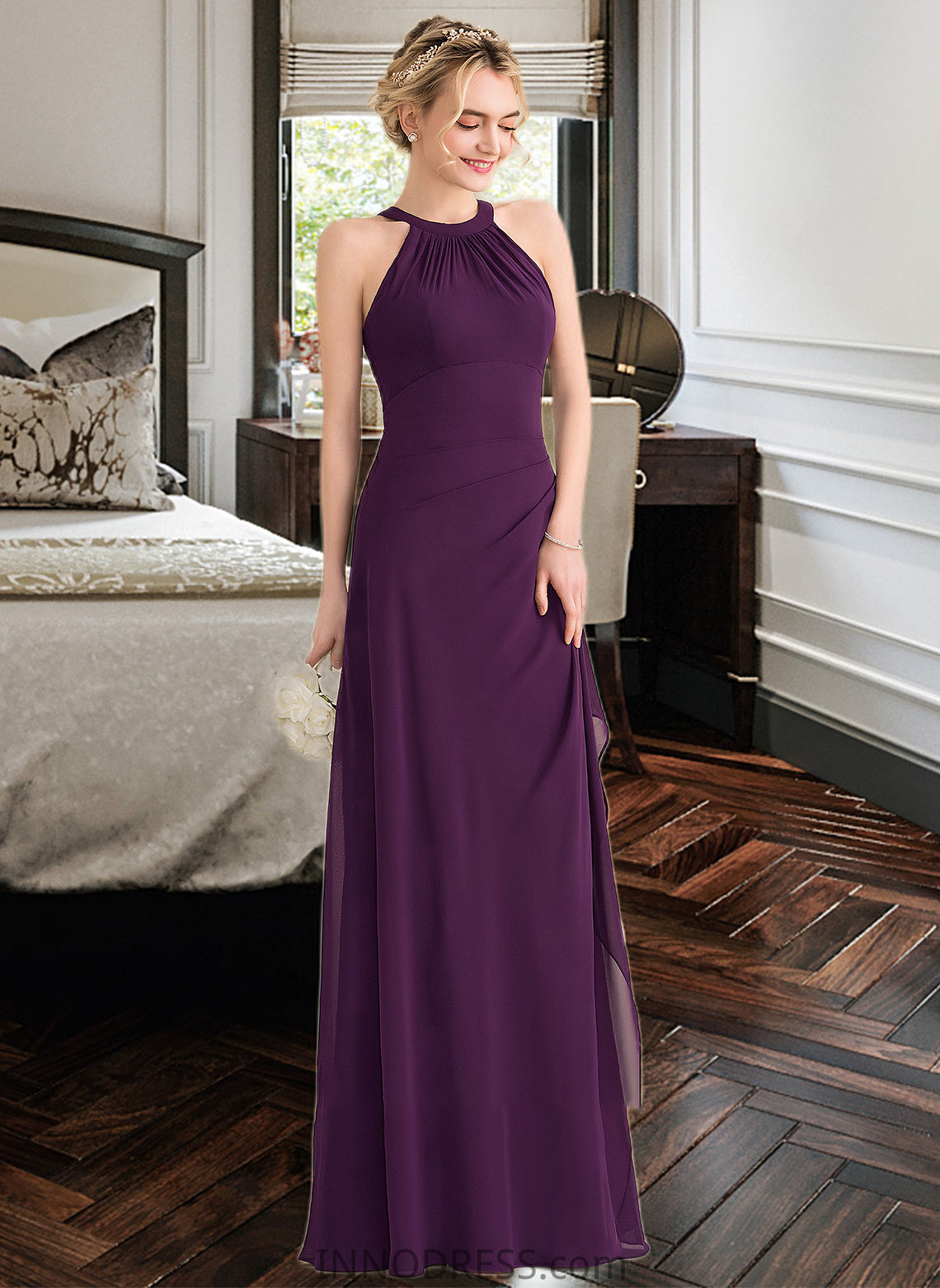 Adison A-Line Scoop Neck Floor-Length Chiffon Bridesmaid Dress With Cascading Ruffles DPP0013228