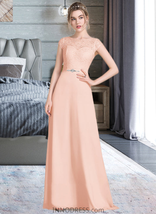 Kitty A-Line Scoop Neck Floor-Length Chiffon Lace Bridesmaid Dress With Beading Bow(s) DPP0013229