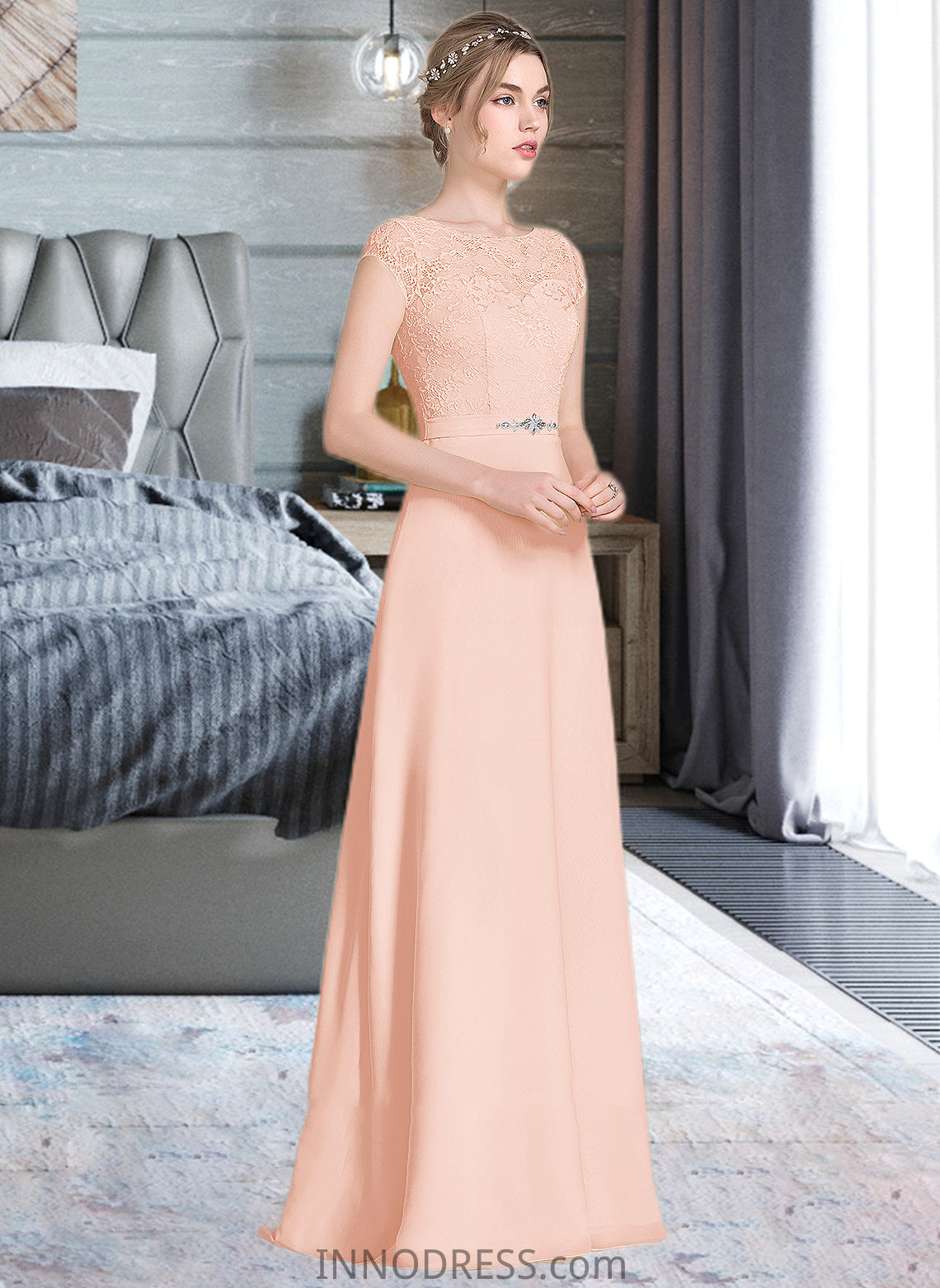 Kitty A-Line Scoop Neck Floor-Length Chiffon Lace Bridesmaid Dress With Beading Bow(s) DPP0013229