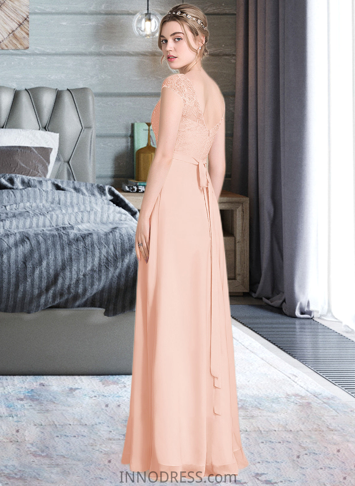 Kitty A-Line Scoop Neck Floor-Length Chiffon Lace Bridesmaid Dress With Beading Bow(s) DPP0013229