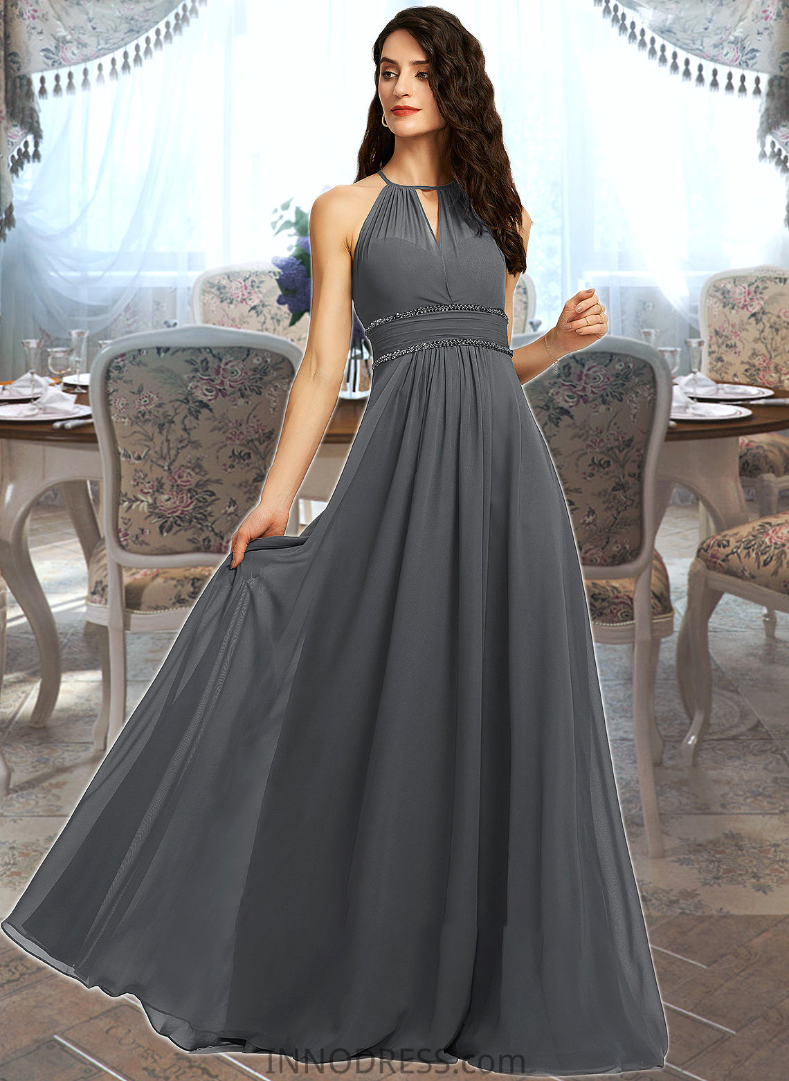 Sara A-Line Halter Floor-Length Chiffon Bridesmaid Dress With Ruffle Beading Sequins DPP0013232