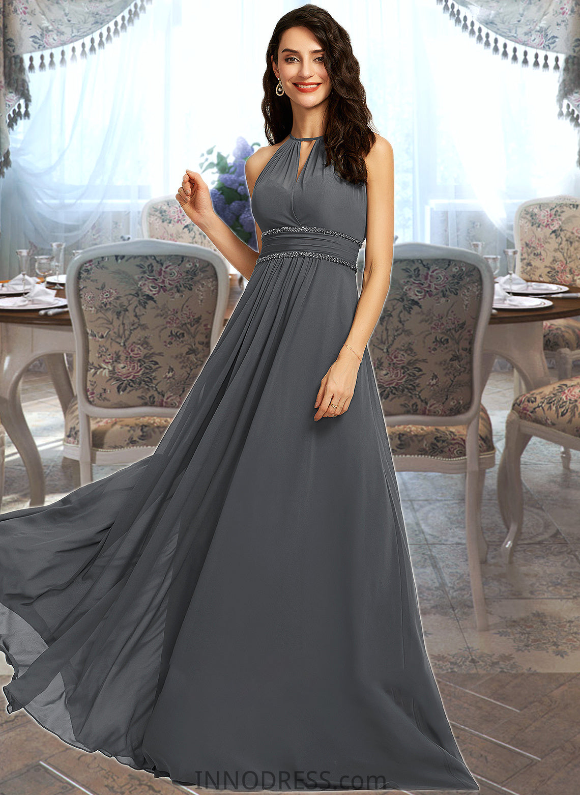 Sara A-Line Halter Floor-Length Chiffon Bridesmaid Dress With Ruffle Beading Sequins DPP0013232