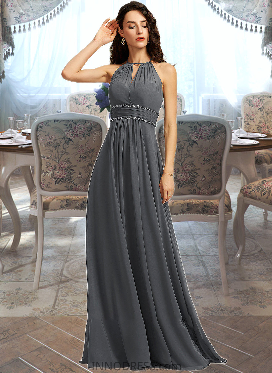 Sara A-Line Halter Floor-Length Chiffon Bridesmaid Dress With Ruffle Beading Sequins DPP0013232