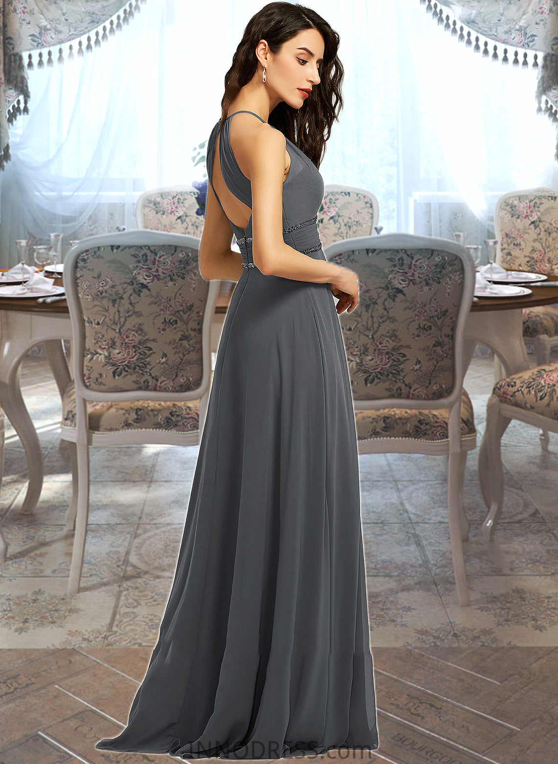 Sara A-Line Halter Floor-Length Chiffon Bridesmaid Dress With Ruffle Beading Sequins DPP0013232