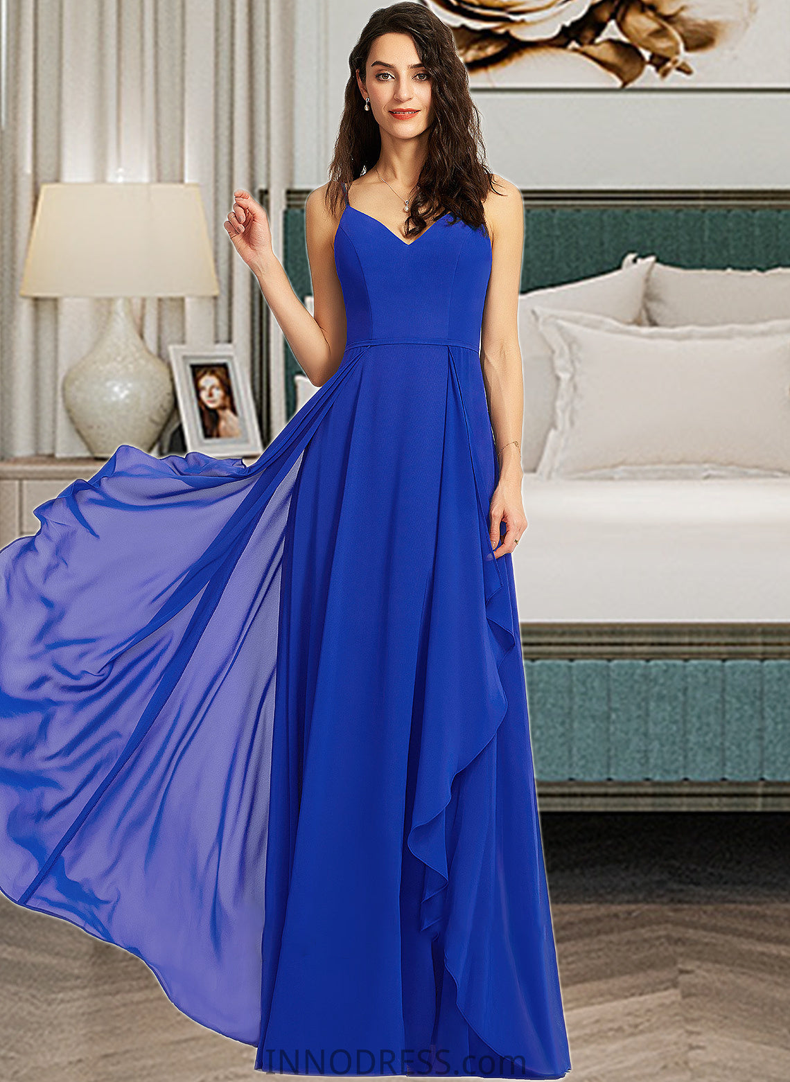 Deja A-Line V-neck Floor-Length Bridesmaid Dress With Ruffle DPP0013233