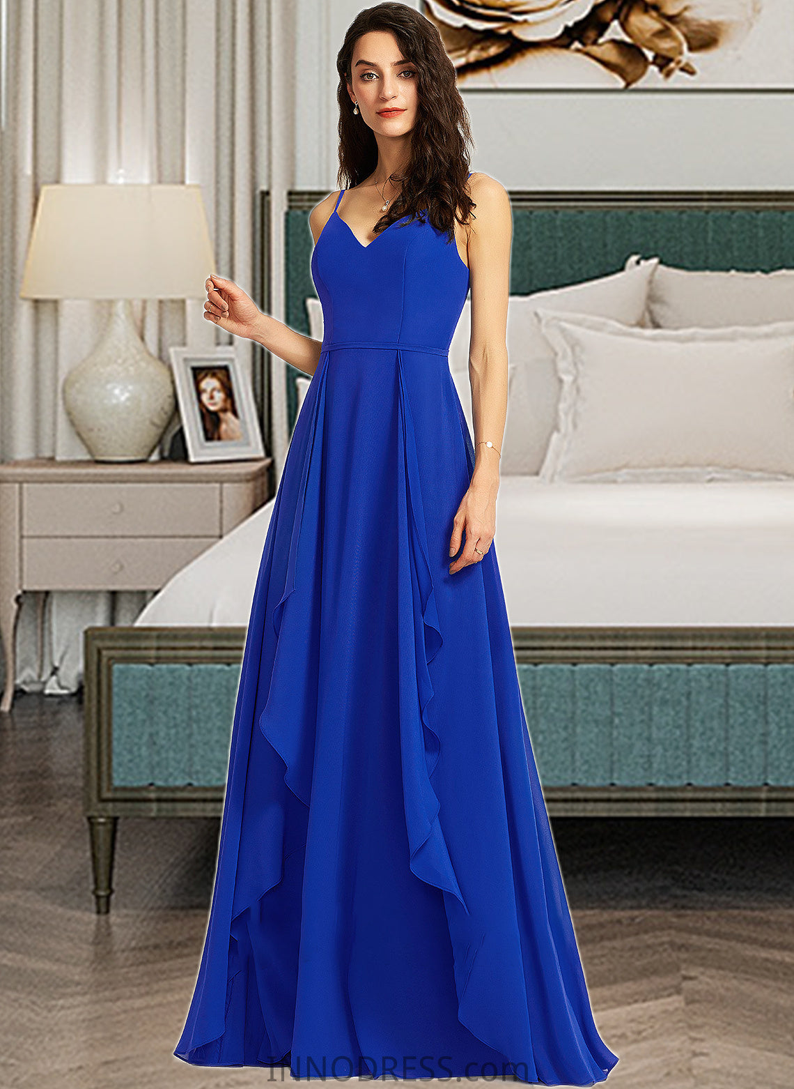 Deja A-Line V-neck Floor-Length Bridesmaid Dress With Ruffle DPP0013233