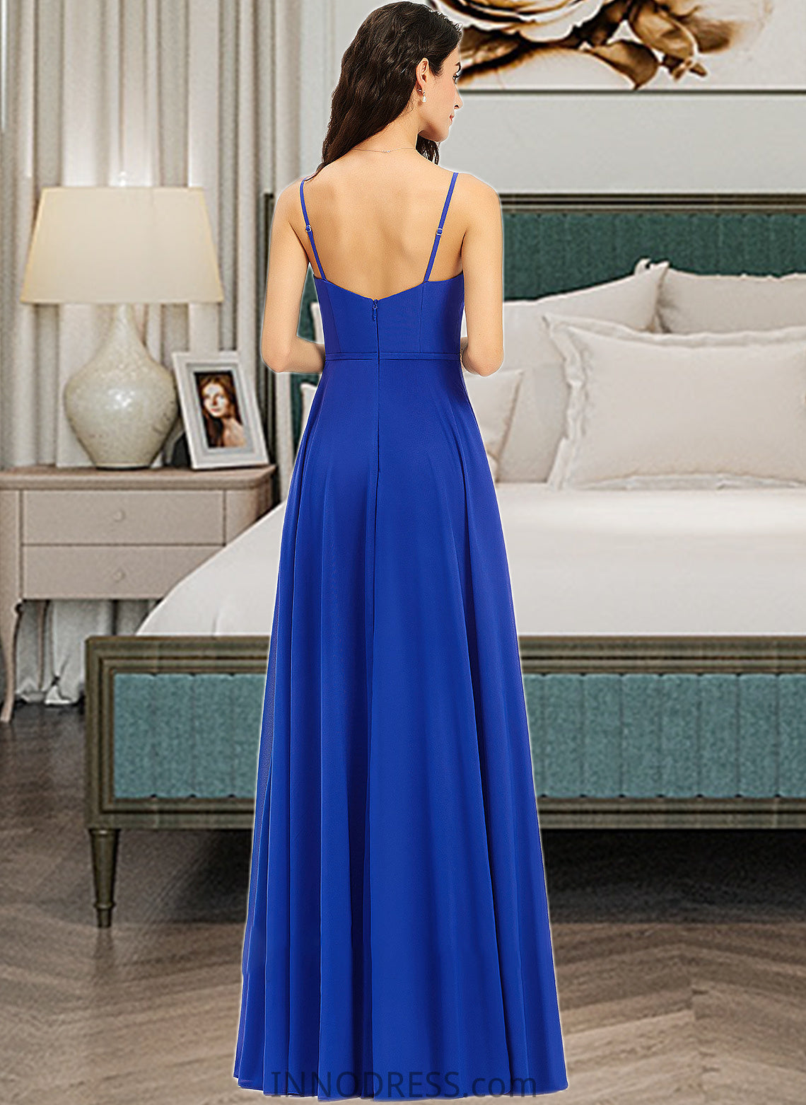 Deja A-Line V-neck Floor-Length Bridesmaid Dress With Ruffle DPP0013233