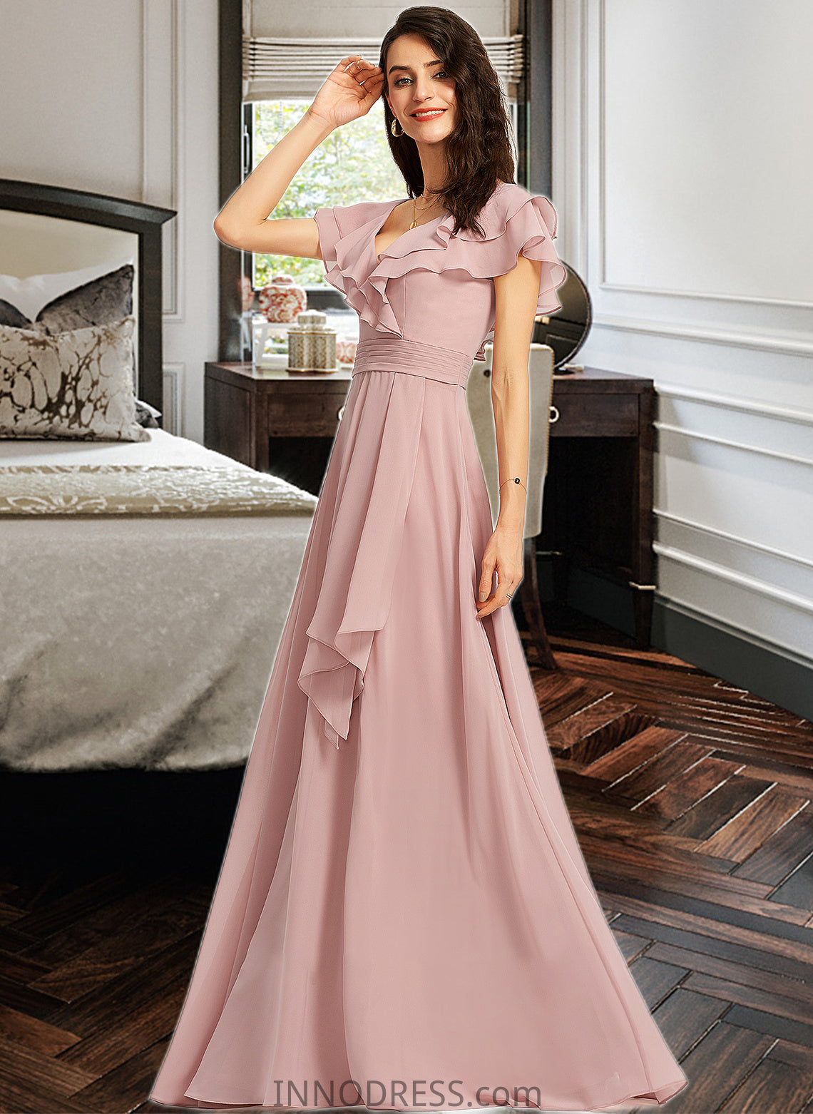 Jode A-Line V-neck Floor-Length Bridesmaid Dress With Ruffle Split Front DPP0013234