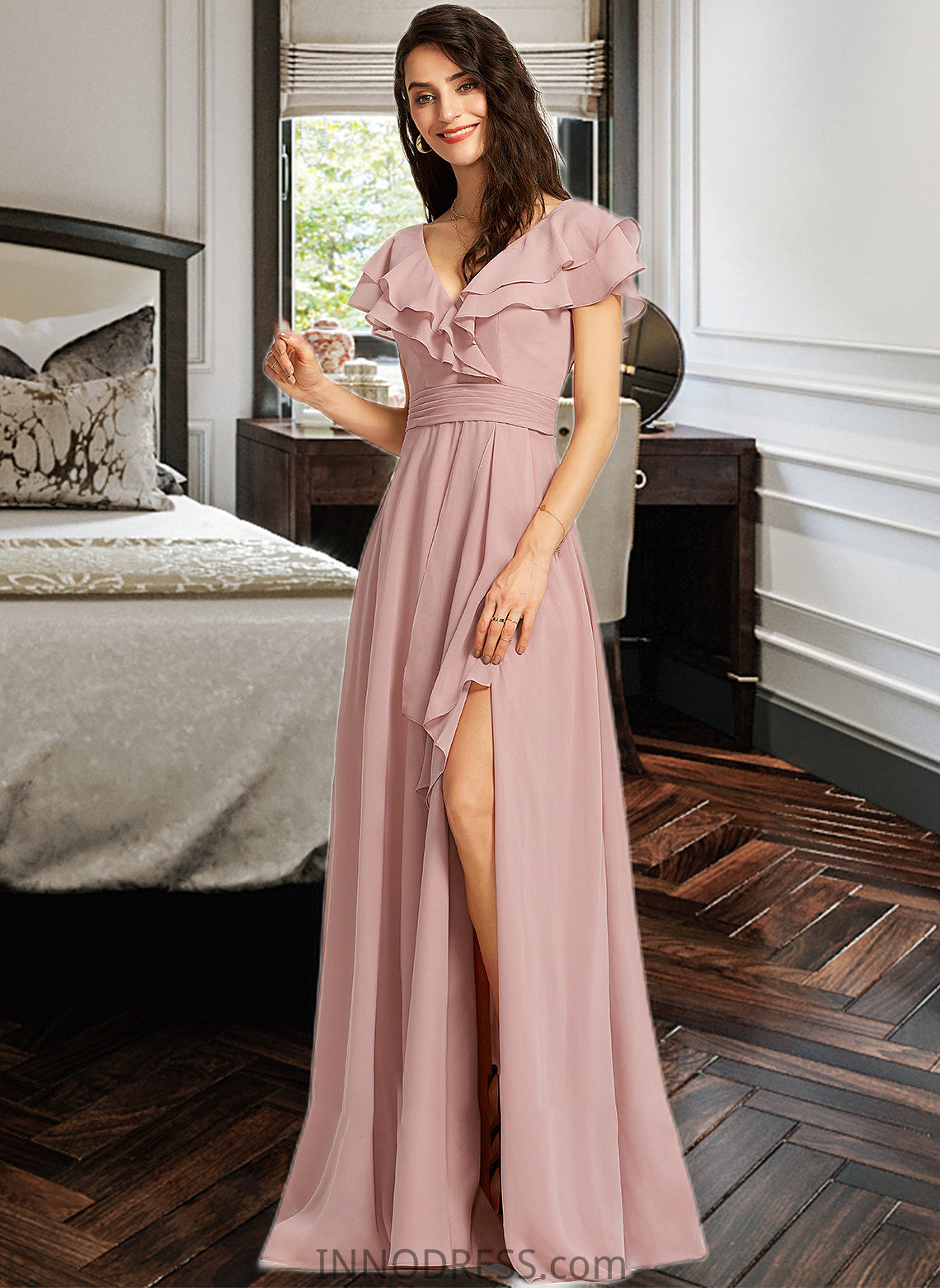 Jode A-Line V-neck Floor-Length Bridesmaid Dress With Ruffle Split Front DPP0013234