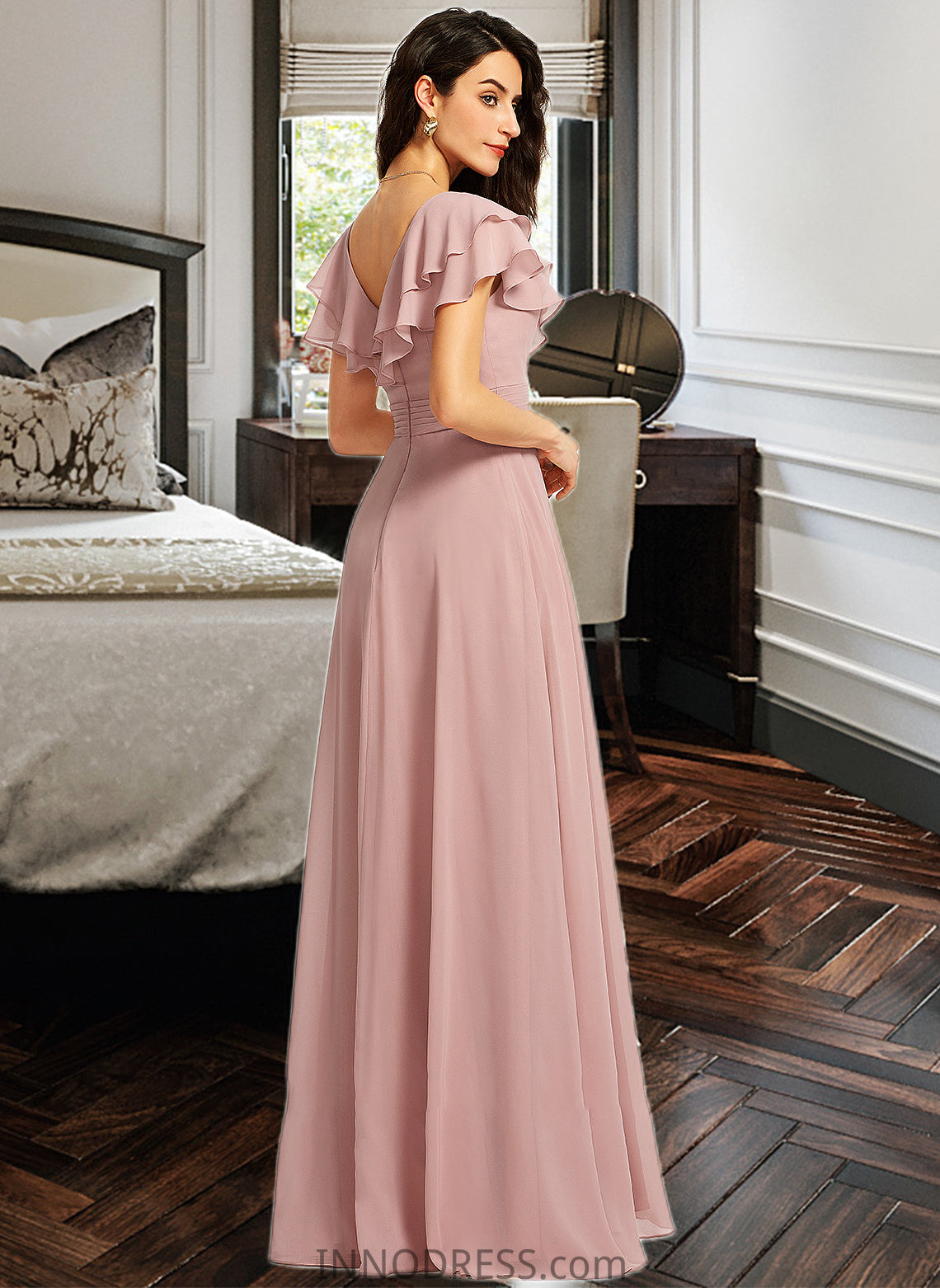 Jode A-Line V-neck Floor-Length Bridesmaid Dress With Ruffle Split Front DPP0013234