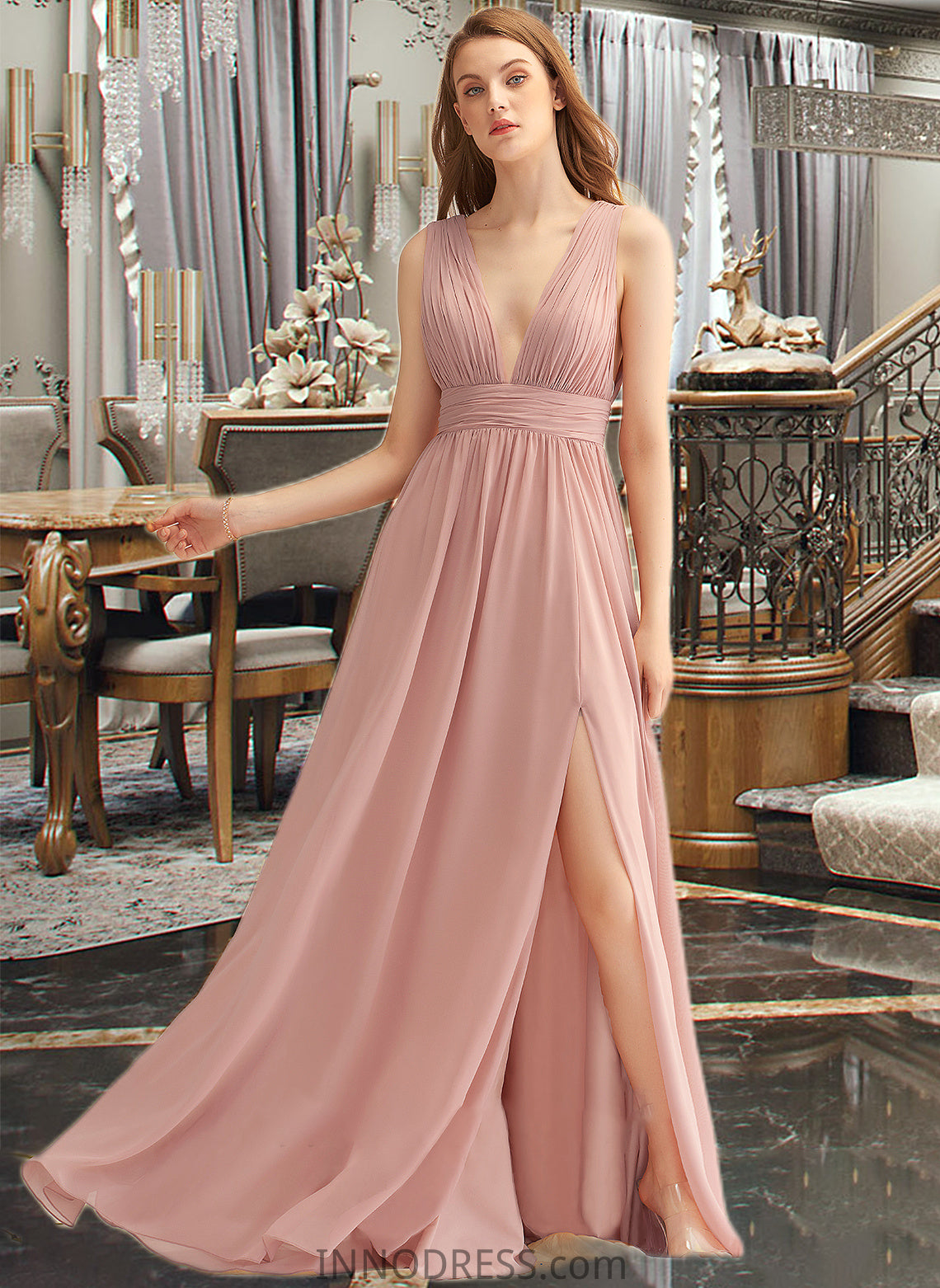 Kailyn A-LineV-neckFloor-LengthChiffonBridesmaidDressWithSplitFront#251361 DPP0013235