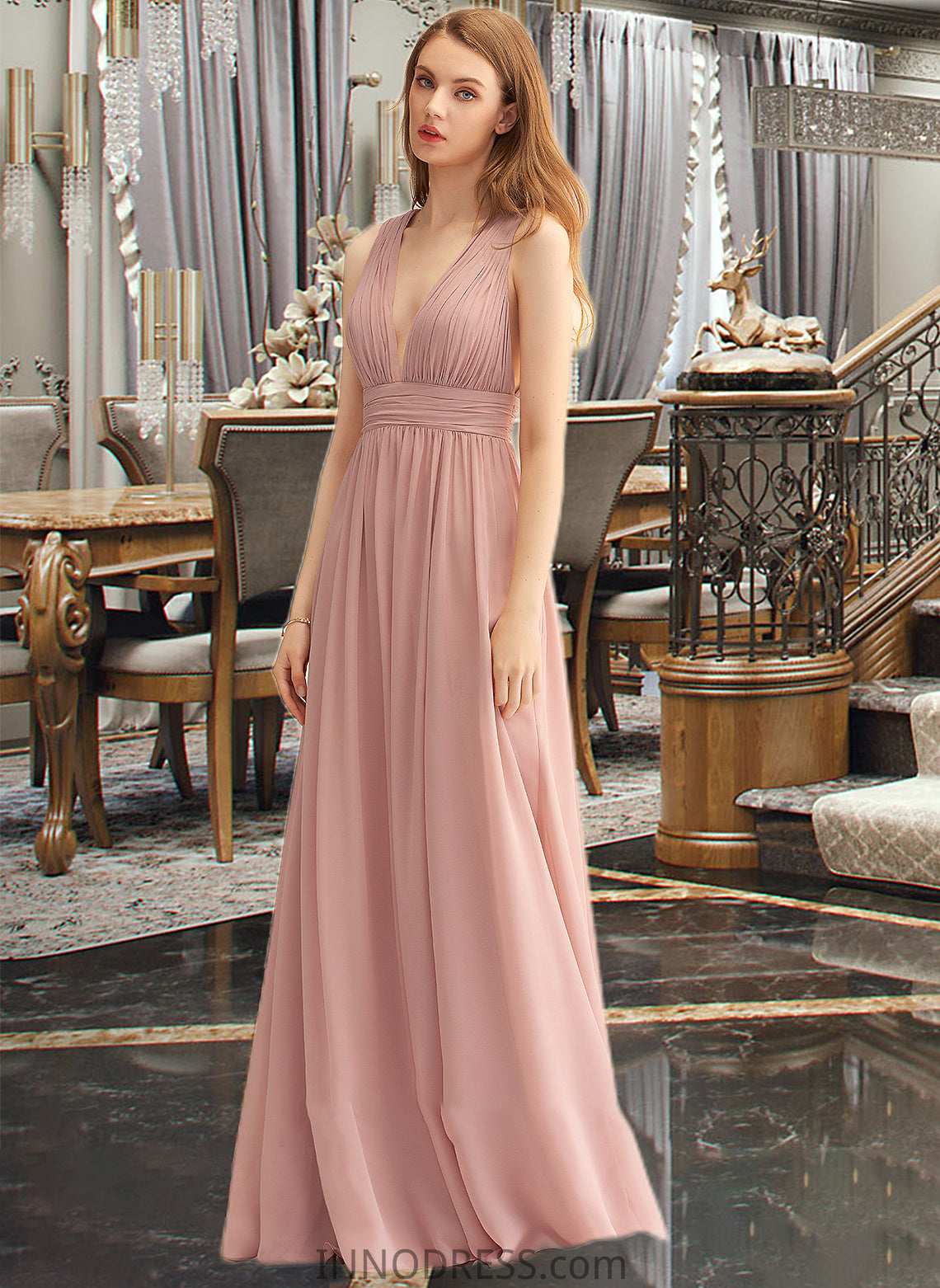 Kailyn A-LineV-neckFloor-LengthChiffonBridesmaidDressWithSplitFront#251361 DPP0013235