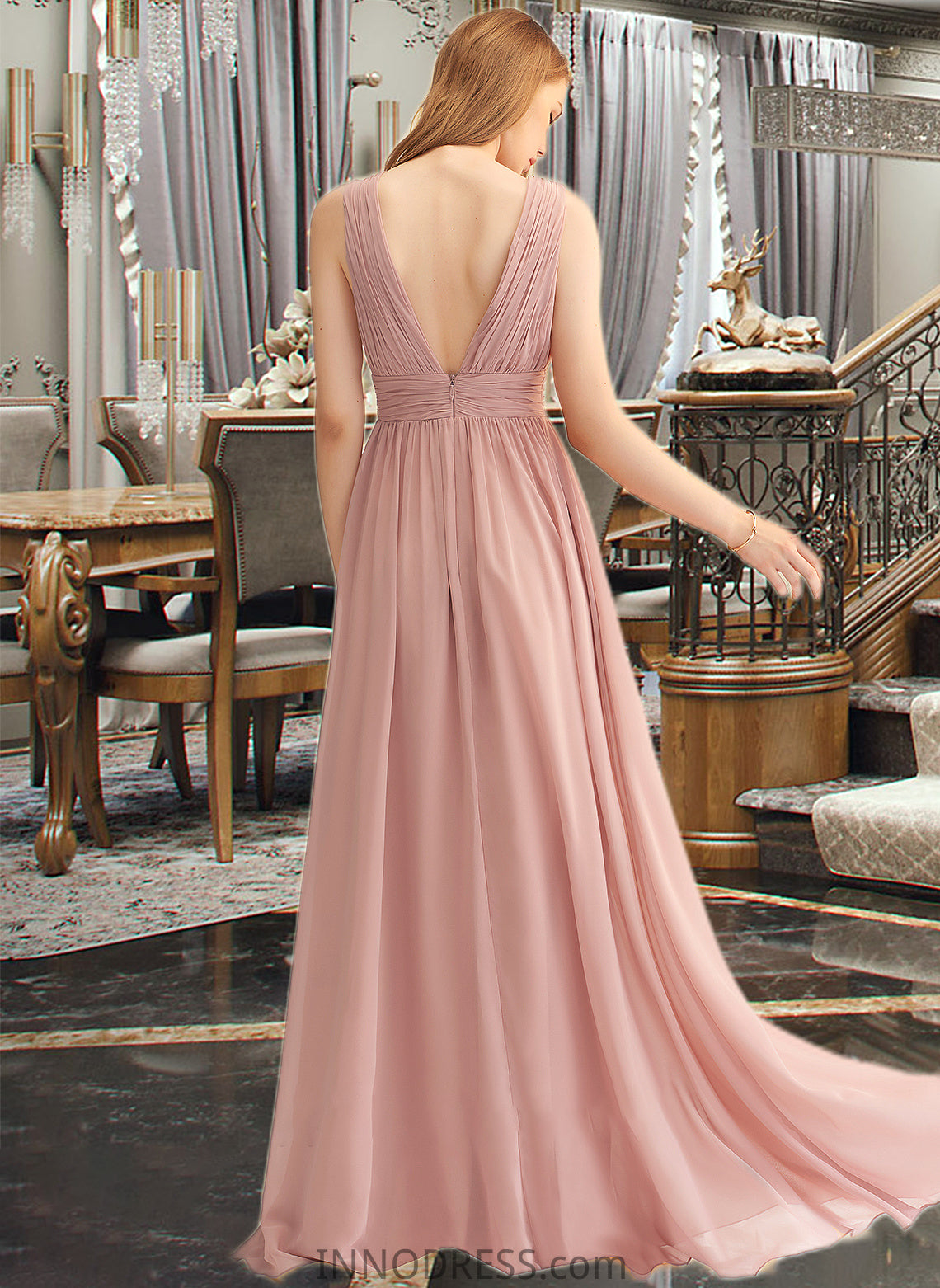 Kailyn A-LineV-neckFloor-LengthChiffonBridesmaidDressWithSplitFront#251361 DPP0013235