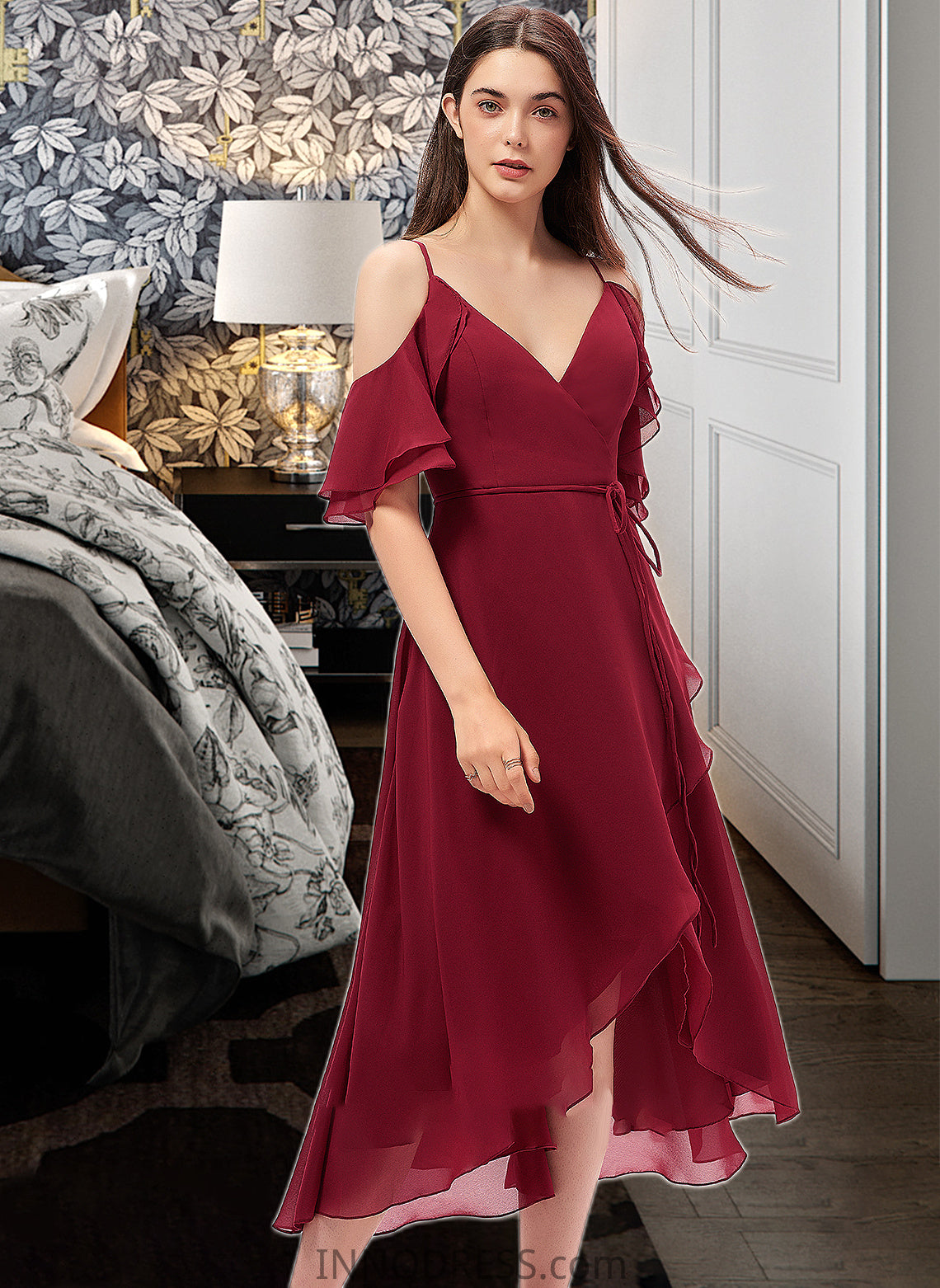 Nina A-Line V-neck Asymmetrical Chiffon Bridesmaid Dress With Cascading Ruffles DPP0013236