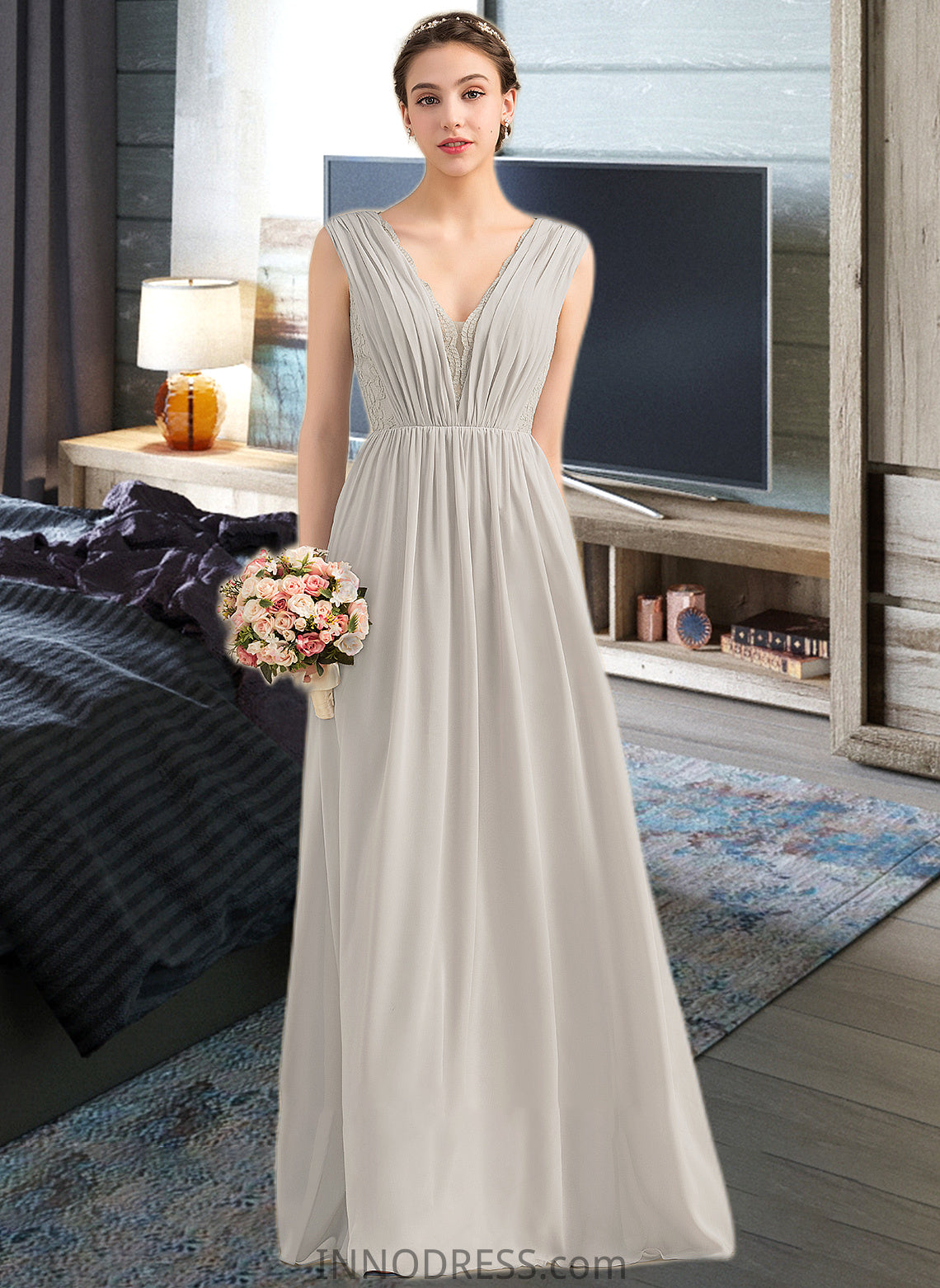 Maribel A-Line V-neck Floor-Length Chiffon Lace Bridesmaid Dress With Ruffle DPP0013238