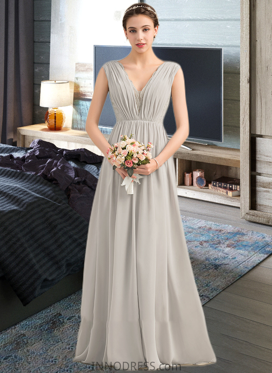 Maribel A-Line V-neck Floor-Length Chiffon Lace Bridesmaid Dress With Ruffle DPP0013238