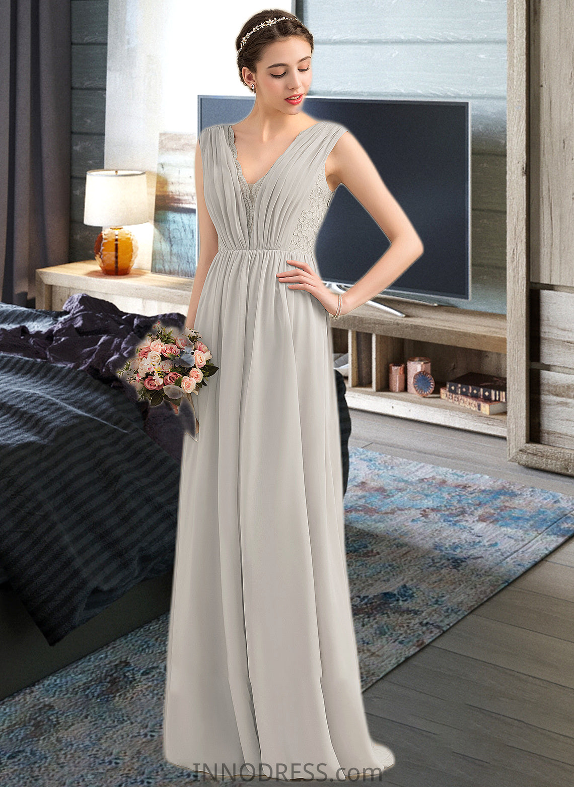 Maribel A-Line V-neck Floor-Length Chiffon Lace Bridesmaid Dress With Ruffle DPP0013238