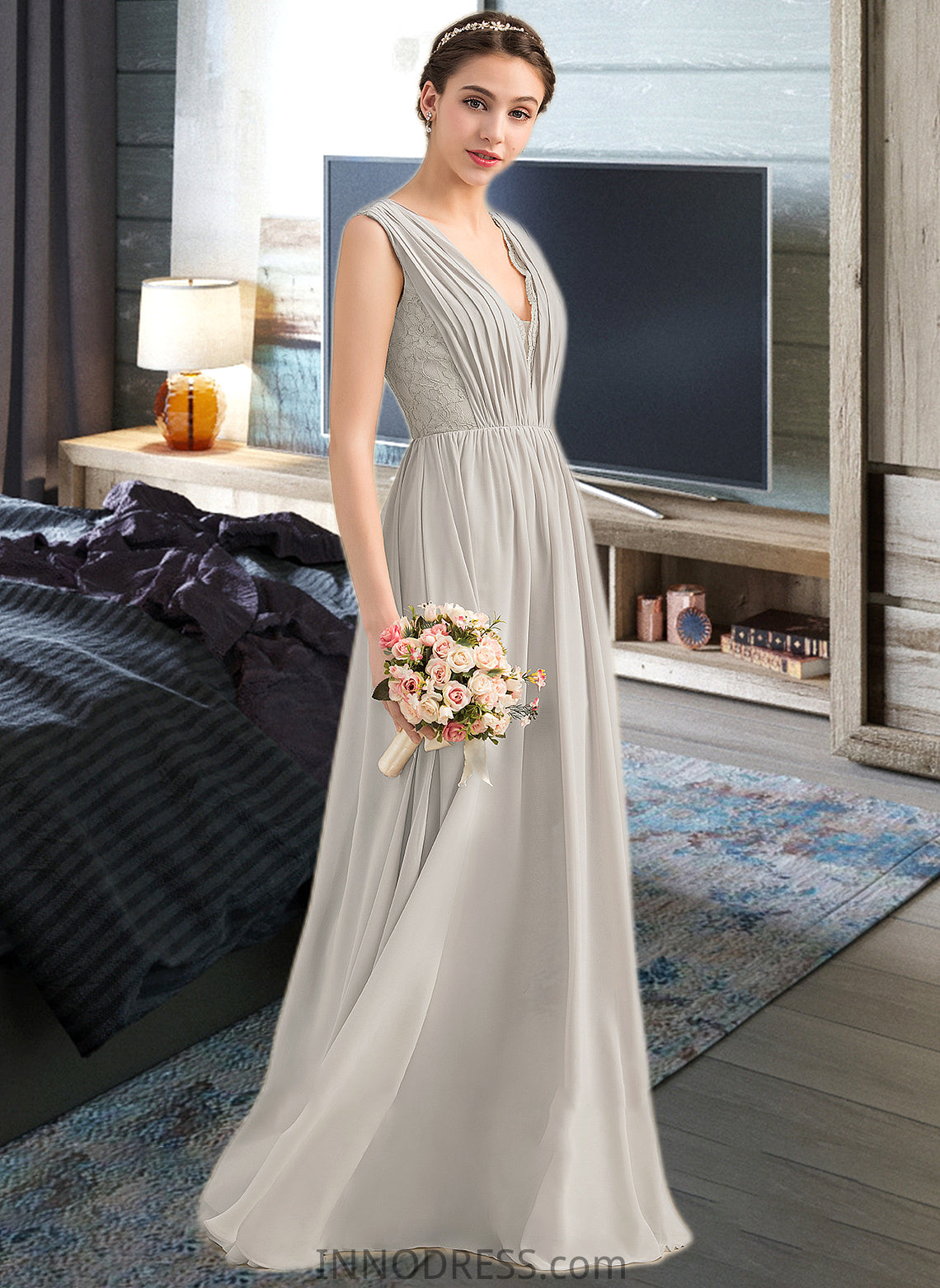 Maribel A-Line V-neck Floor-Length Chiffon Lace Bridesmaid Dress With Ruffle DPP0013238