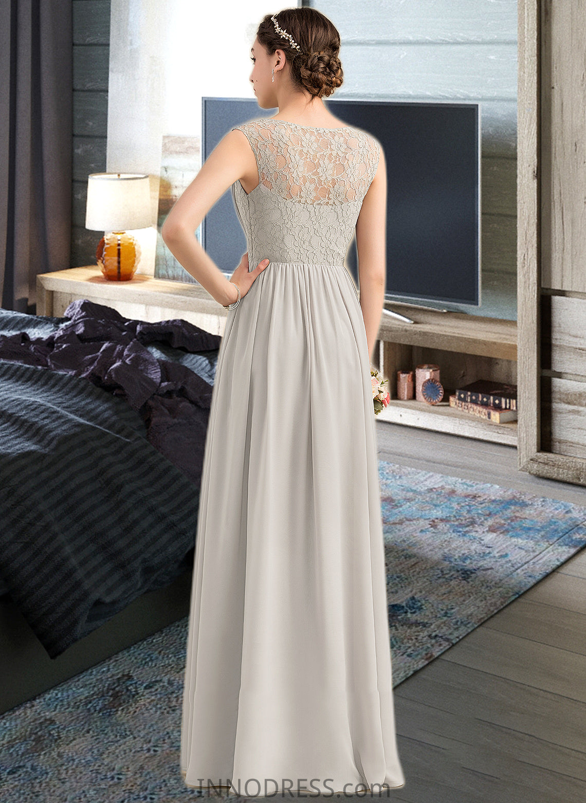 Maribel A-Line V-neck Floor-Length Chiffon Lace Bridesmaid Dress With Ruffle DPP0013238