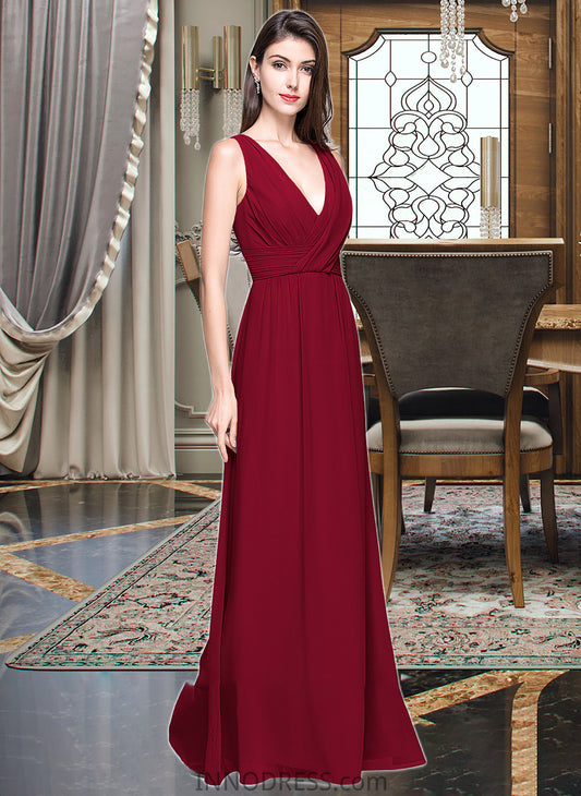 Melanie A-line V-Neck Floor-Length Chiffon Bridesmaid Dress With Ruffle DPP0013240