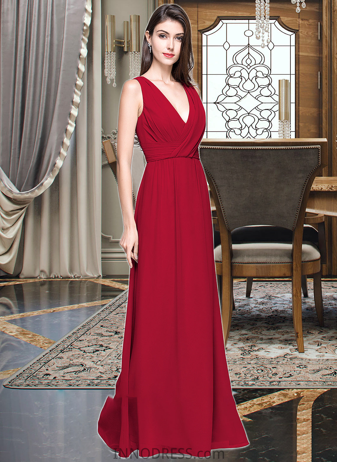 Melanie A-line V-Neck Floor-Length Chiffon Bridesmaid Dress With Ruffle DPP0013240