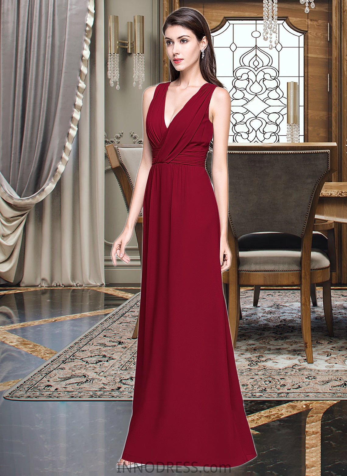 Melanie A-line V-Neck Floor-Length Chiffon Bridesmaid Dress With Ruffle DPP0013240