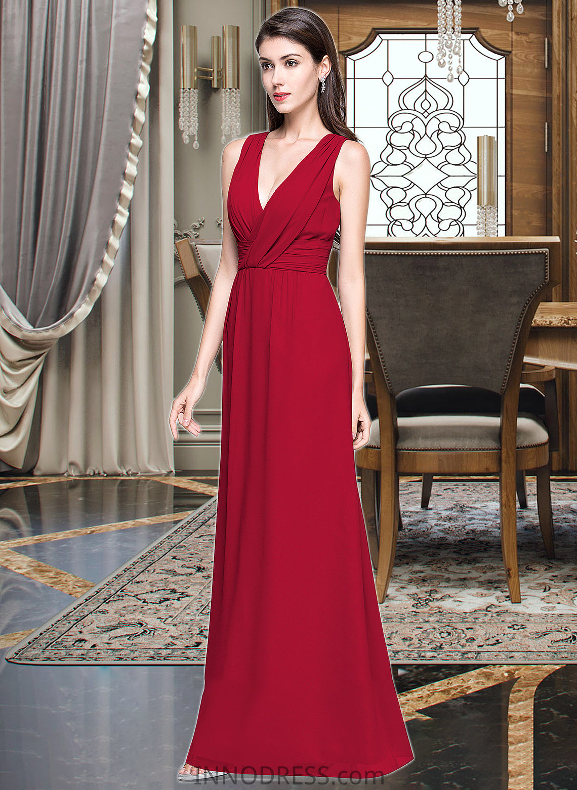 Melanie A-line V-Neck Floor-Length Chiffon Bridesmaid Dress With Ruffle DPP0013240