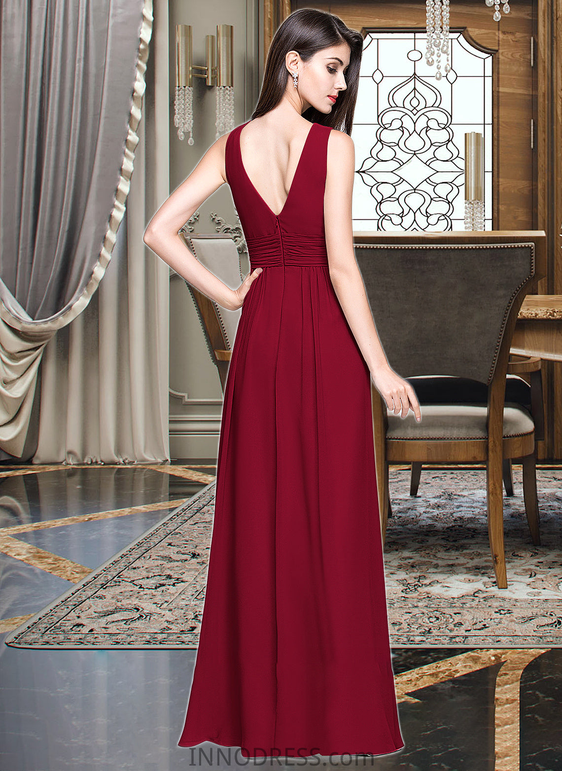 Melanie A-line V-Neck Floor-Length Chiffon Bridesmaid Dress With Ruffle DPP0013240