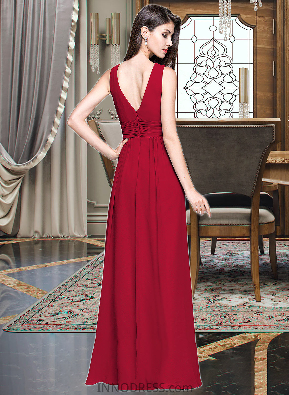 Melanie A-line V-Neck Floor-Length Chiffon Bridesmaid Dress With Ruffle DPP0013240