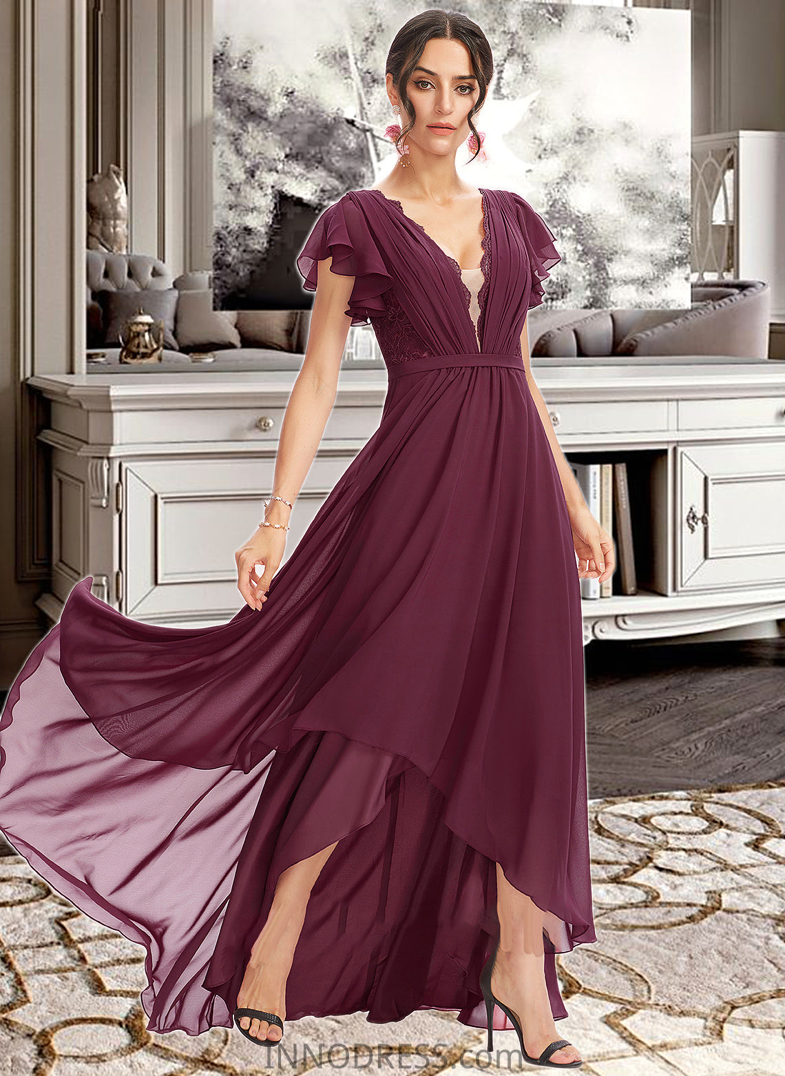 Krystal A-Line V-neck Asymmetrical Bridesmaid Dress With Lace Cascading Ruffles DPP0013243