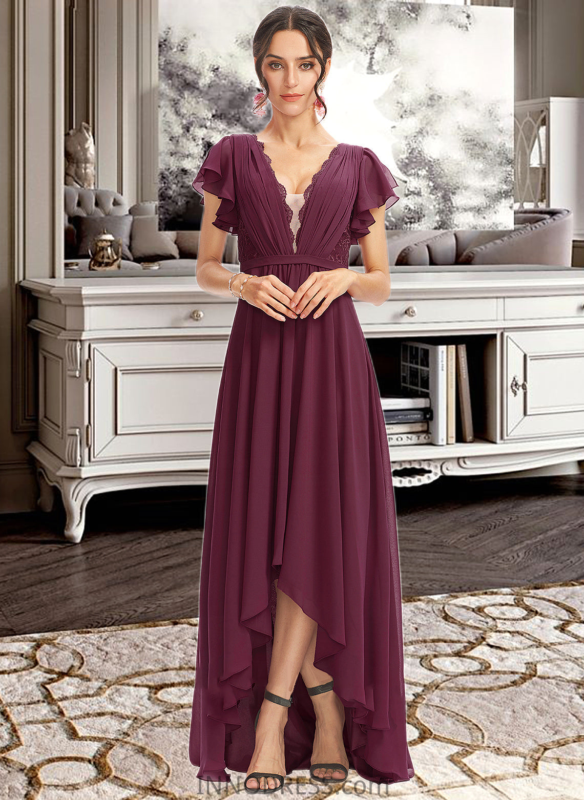 Krystal A-Line V-neck Asymmetrical Bridesmaid Dress With Lace Cascading Ruffles DPP0013243