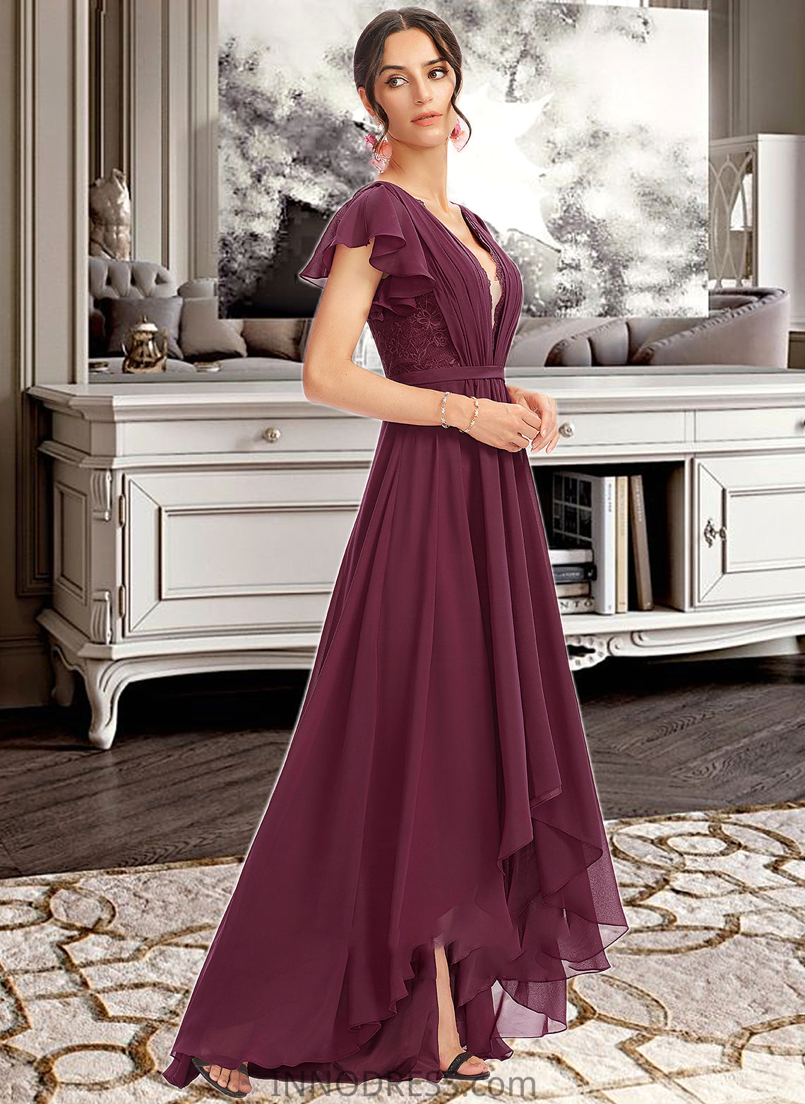 Krystal A-Line V-neck Asymmetrical Bridesmaid Dress With Lace Cascading Ruffles DPP0013243