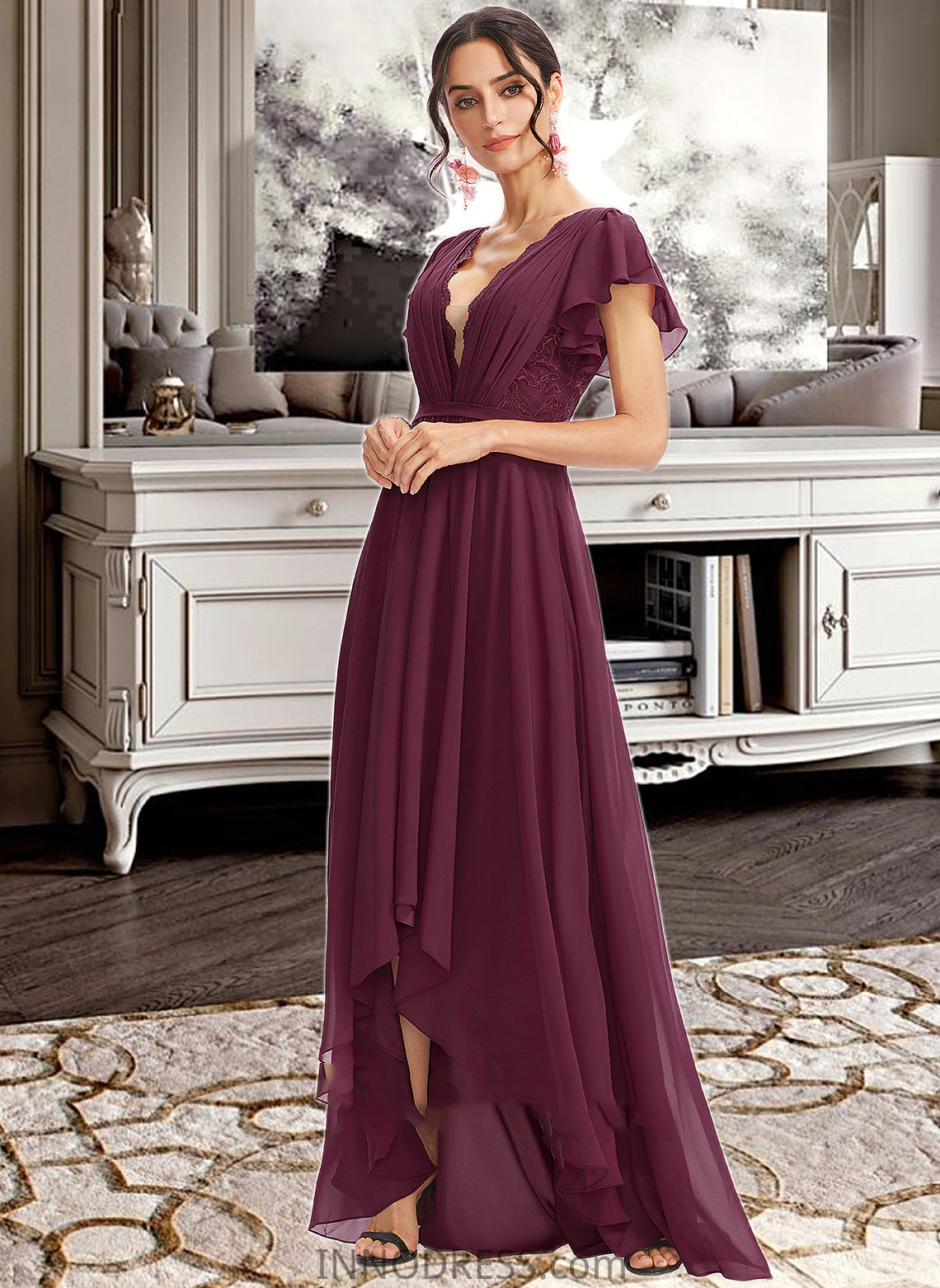 Krystal A-Line V-neck Asymmetrical Bridesmaid Dress With Lace Cascading Ruffles DPP0013243