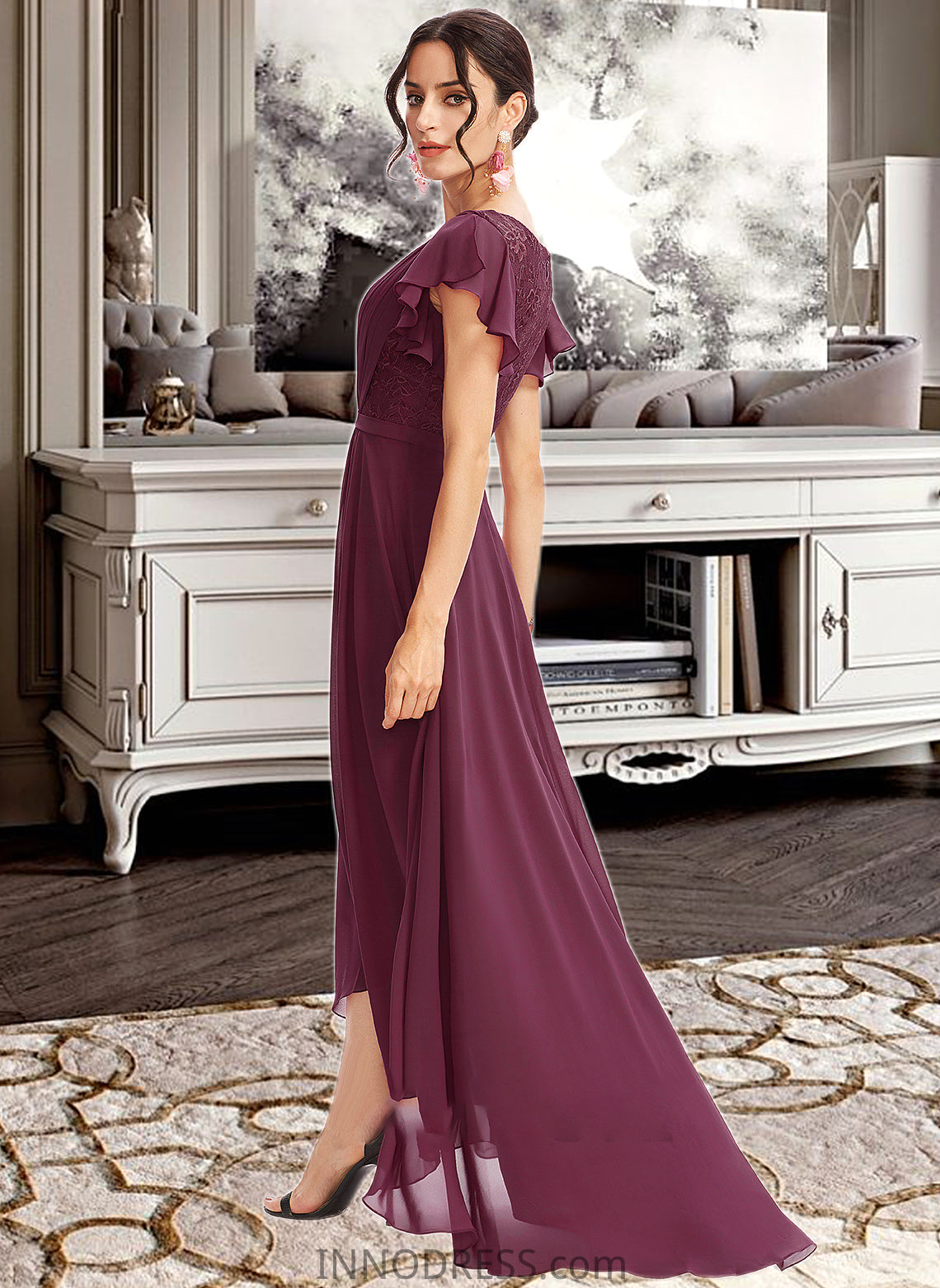 Krystal A-Line V-neck Asymmetrical Bridesmaid Dress With Lace Cascading Ruffles DPP0013243