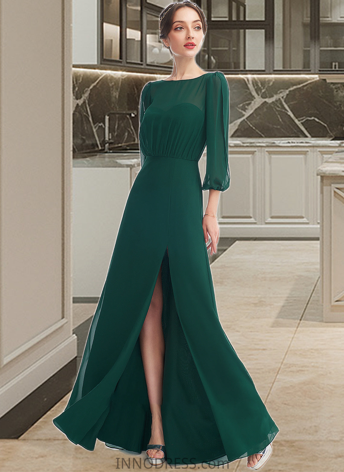 Ximena A-Line Scoop Neck Floor-Length Bridesmaid Dress With Split Front DPP0013245