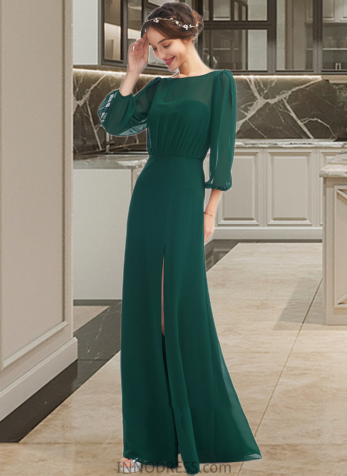 Ximena A-Line Scoop Neck Floor-Length Bridesmaid Dress With Split Front DPP0013245