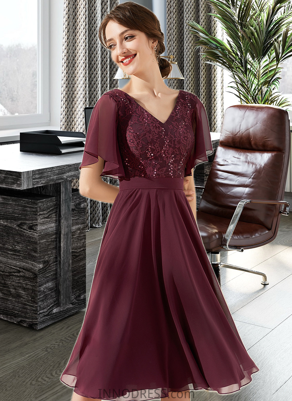 Aliza A-Line V-neck Knee-Length Chiffon Lace Bridesmaid Dress With Sequins DPP0013246